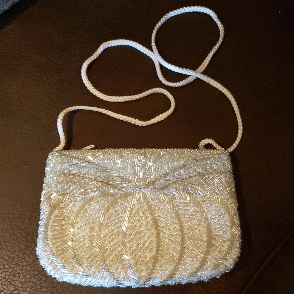 Gallery White Clutch with Elegant Beaded Design